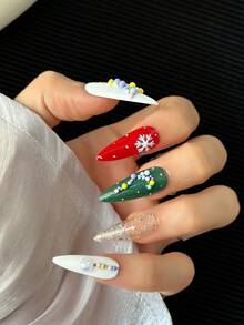 10 件/包手工细高跟指甲贴，带多色闪亮亮片绘画图案，3D 奢华美甲设计，DIY 人造闪亮假指甲，女士 - 彩色 - 查看 2