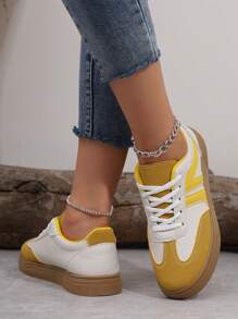 Giày thể thao đế dày thoáng khí kiểu Đức, giày tập luyện thời trang thường ngày, giày nhỏ màu trắng, giày mũi tròn, màu sắc phù hợp cho nữ mùa thu đông 2024 - Màu vàng - Xem 1