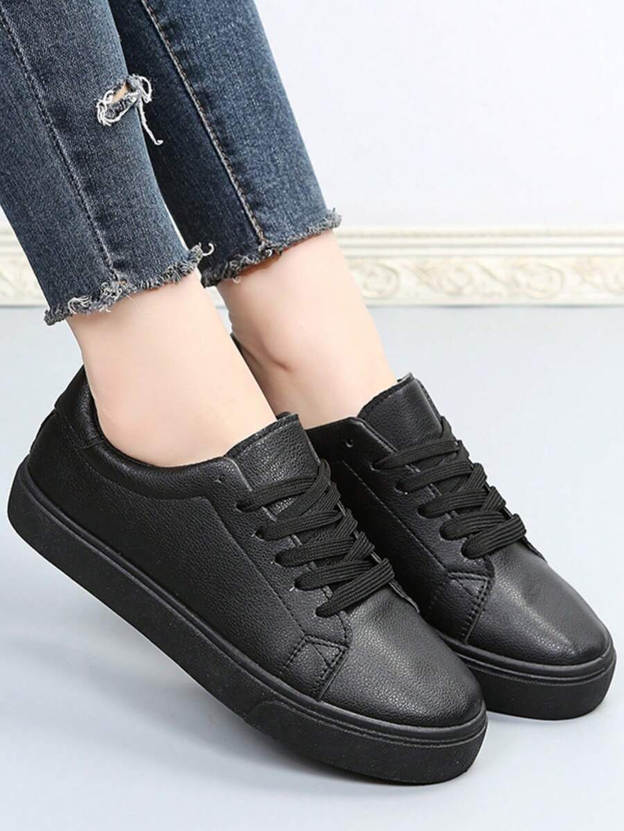 女士休闲运动鞋纯黑色平底系带鞋 - 黑色 - 查看 1