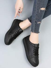 女士休闲运动鞋纯黑色平底系带鞋 - 黑色 - 查看 2