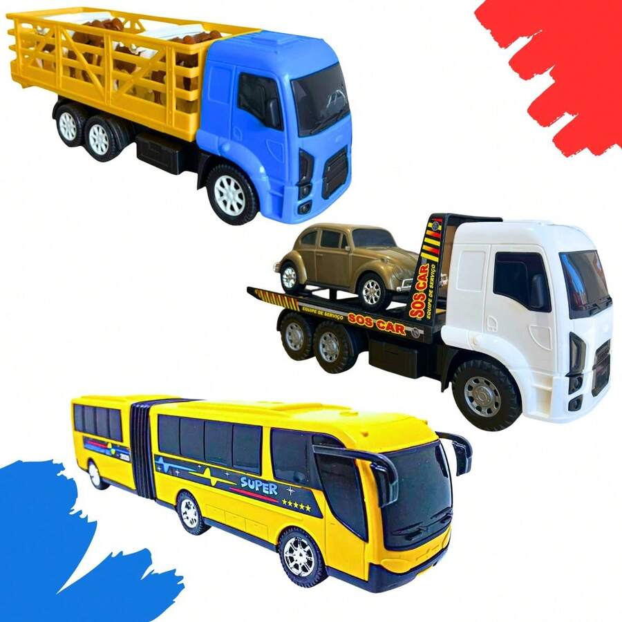 Kit 1 Truck Trailer With 4 Oxen 1 Trailer Truck With 1 Beetle 1 Large Toy Bus - 彩色 - 查看 1
