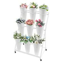 Flower Display Stand, Flower Display Stand With Buckets, Flower Bar Stand With Wheels Flower Stand Flower Cart Display Stand With Wheels, Flower Bar Stand With Buckets (3 Layers-9 Round White Buckets-B) - 白色 - 查看 3