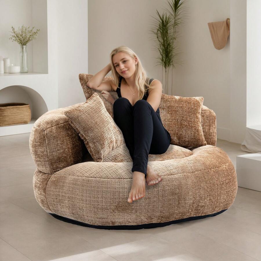 Lazy Sofa, Single Seat Bean Bag Sofa Chair, High-Back Durable Chenille Soft Recliner, Upholstered Lounge Sofa Chair, Includes 3 Pillows, Indoor/Outdoor Use, No Assembly Required, Suitable For Living Room, Bedroom And Apartment(Coffee) - 咖啡棕 - 查看 1
