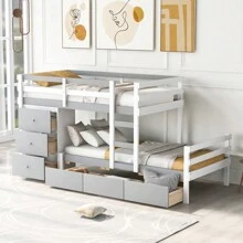 Twin Over Twin Loft Bunk Bed With Drawers And Ladder, Gray - 灰色+松木+雙色如圖 - 查看 1