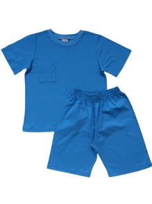 Plain Blue Pajamas, Short Sleeve, 100% Cotton, Children's, Youth, Teenagers, Sizes 2 To 18 - Blue - View 4