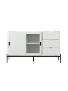 Modern Featured Storage Cabinet Sideboard With Glass Sliding Door And 3 Drawers, Entryway Console Table Kitchen Buffet Cabinet For Corridors Entrances Kitchen Study White,Fiah