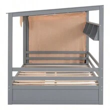 Full Size House Bed With Two Drawers And Wardrobe, Gray - 灰色+實木+全如圖 - 查看 16