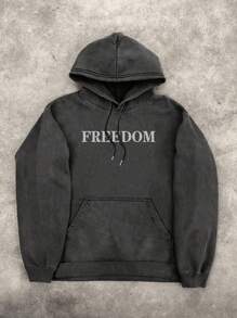 Men's Casual Vintage Washed Portrait & Letter Print Hooded Sweatshirt