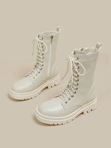 Women's Winter White Boots, New Autumn Winter Thick Sole Ankle Boots Women, Mid-Calf Lace-Up Zipper  Boots