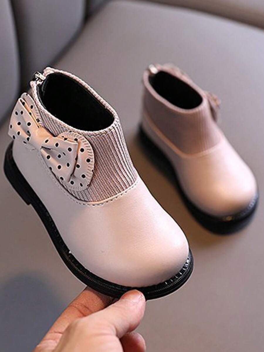 1pair Baby Girls Black Leather Boots With Bow & Zipper, Flat Design For Winter - Pink - View 1