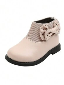 1pair Baby Girls Black Leather Boots With Bow & Zipper, Flat Design For Winter - Pink - View 5