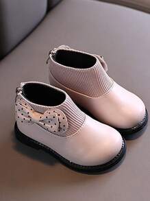 1pair Baby Girls Black Leather Boots With Bow & Zipper, Flat Design For Winter - Pink - View 3