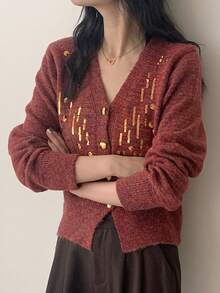 JIANHU Red Sequined V-Neck Knitted Cardigan - Red - View 1