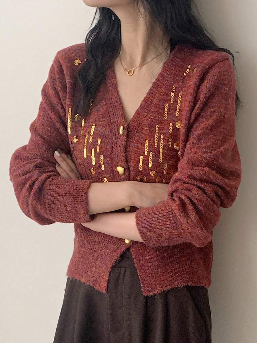 JIANHU Red Sequined V-Neck Knitted Cardigan - Red - View 1