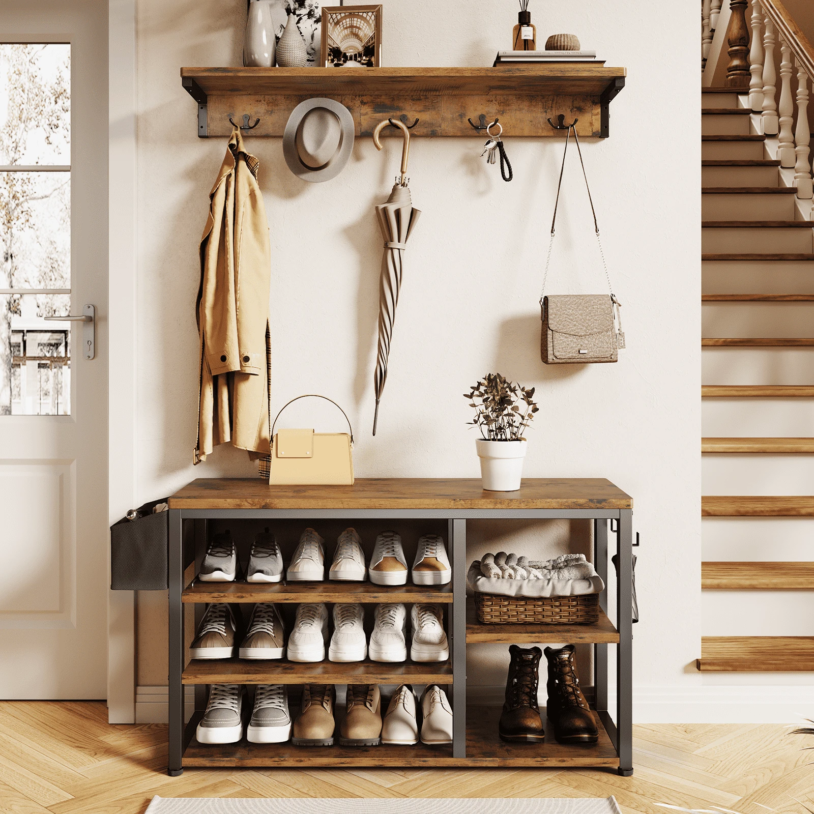 Lofka 39'' W Hall Tree With Bench, Coat Rack Shoe Bench Set, Industrial ...