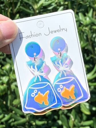 1 对创意金鱼和水袋印花彩色亚克力吊饰耳环