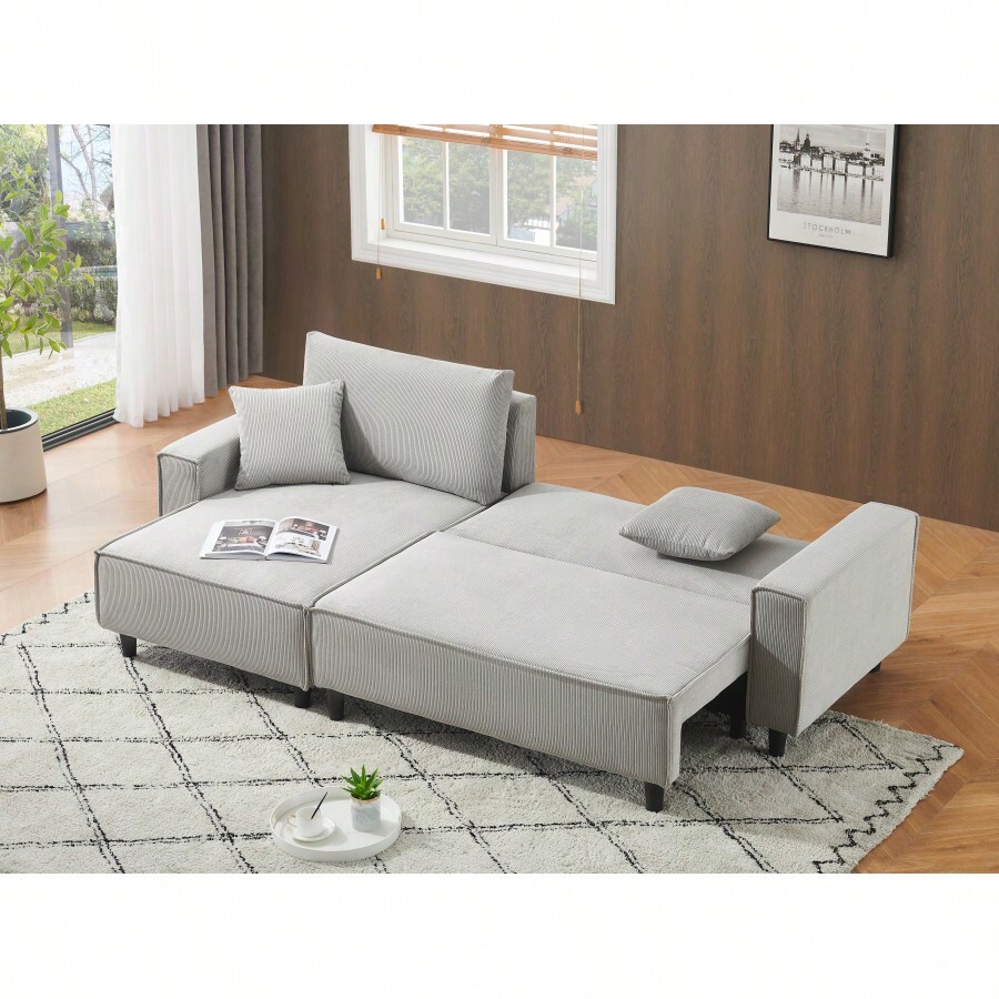 The 93Inch Grey Corduroy Sofa Bed Comes With Two Pillows To Fit In The