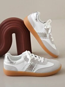 大码女式休闲平底舒适牛舌鞋 - 銀色 - 查看 5