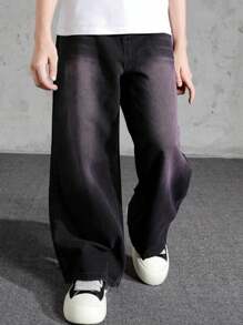 Preto e rosa tie dye lavado solto ajuste estilo retro americano tie-dye jeans de perna reta para meninos adolescentes, outono/inverno