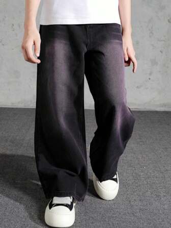 青少年男孩秋冬款黑色和粉色扎染水洗宽松复古美式扎染直筒牛仔裤