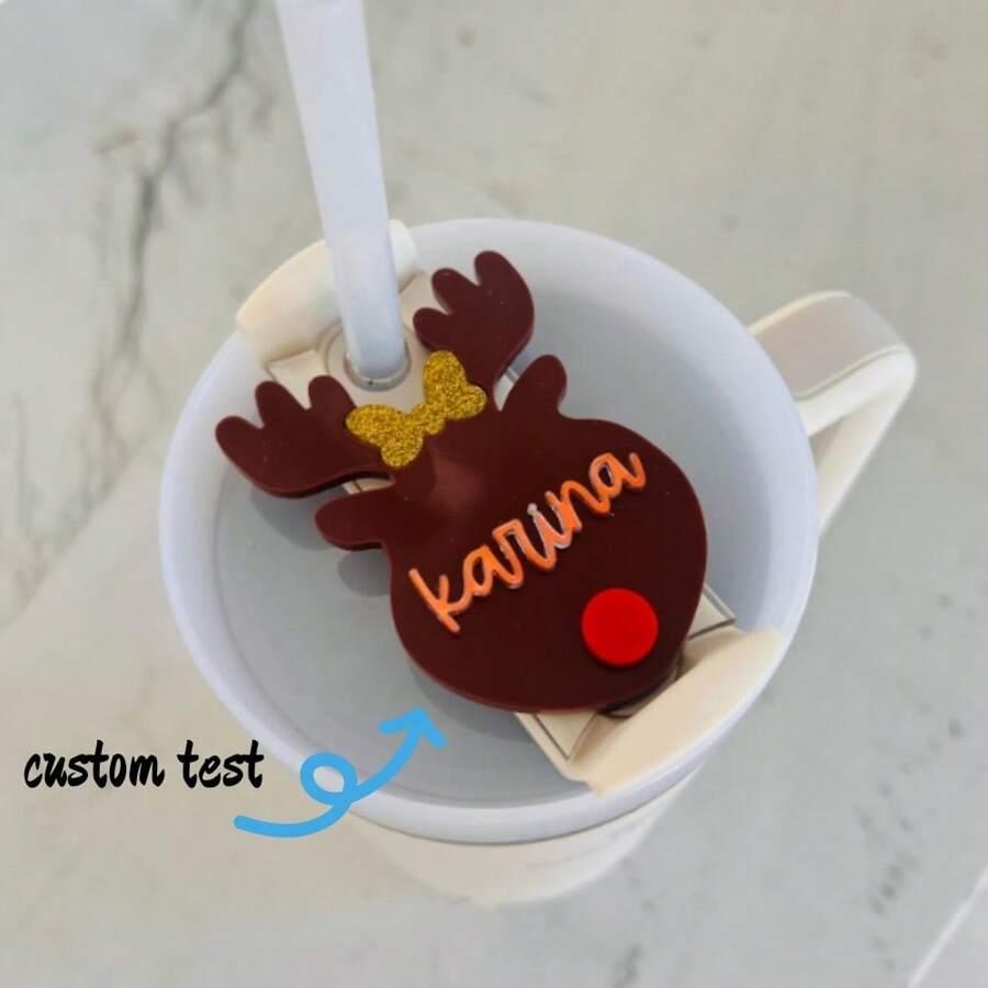 Etiqueta de nome personalizada de ÁRVORE DE NATAL H2.0 30 ou 40 oz - Topper de nome com glitter - Placa de nome de Natal - Etiqueta de nome de Natal - cervo - Ver 1