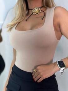 Square Neck Bodysuit Polyamide Blouse Suplex Straps Bori Women's Bodysuit Bory Leotard Tank Top Thick Straps Square Neckline Basic Casual Day Night Work Party - Màu be - Xem 2