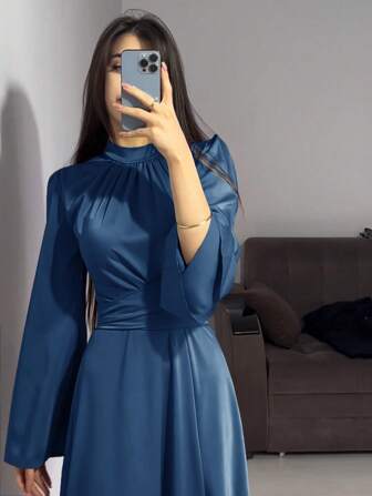 Women Solid Color Round Neck Belted Flare Sleeve Satin Elegant Modest Long Sleeve Dress, Spring/Fall