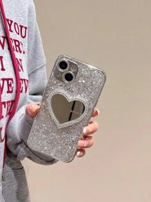 Glitter Heart Mirror Phone Case, Mirror Phone Case That Can Be Used For Makeup Touch-, Compatible With IPhone 15/15Pro/15Plus/15Promax - Bạc - Xem 6