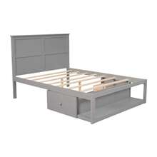 Full Size Platform Bed With Drawer On The Each Side And Shelf On The End Of The Bed, Gray - Gray+Pine as Pic - View 6