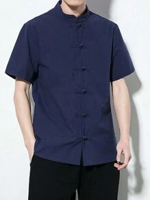 Camisa para Hombre con Manga Corta de Cuello Mao Chino - BruceLee, Camiseta Hombre Manga Corta Casual con Botones de Estilo Chino - Azul Marino - Ver 3