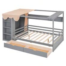 Full Size House Bed With Two Drawers And Wardrobe, Gray - 灰色+實木+全如圖 - 查看 12