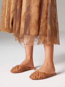 Summer Women Espadrilles Sandals Round Toe Bowknot Hollow Out Casual Comfy Beach Vacation Flats Slippers Shoes - màu nâu - Xem 9