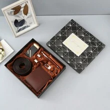 7 件套豪华礼品套装包括金属扣、2 个袖扣、金属钥匙扣、时尚钱包、皮带，非常适合送给家人、情侣、男士、父亲、圣诞节、万圣节、情人节、父亲节的礼物，适合万圣节、休闲、商务、街头、波西米亚风、西部风、户外，适合男士、丈夫、男朋友、父亲、爸爸、圣诞节的礼物 - 彩色 - 查看 6