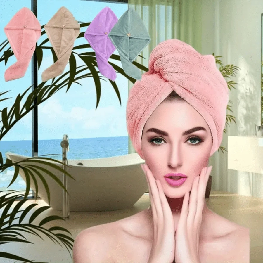 4件套浴室干发帽珊瑚绒干发巾全包裹柔软快速吸水家居浴室装饰秋季装饰返校发帽 - 彩色 - 查看 1