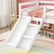 Twin Low Loft Bed With Slide, Ladder, Safety Guardrails, No Box Spring Needed, White