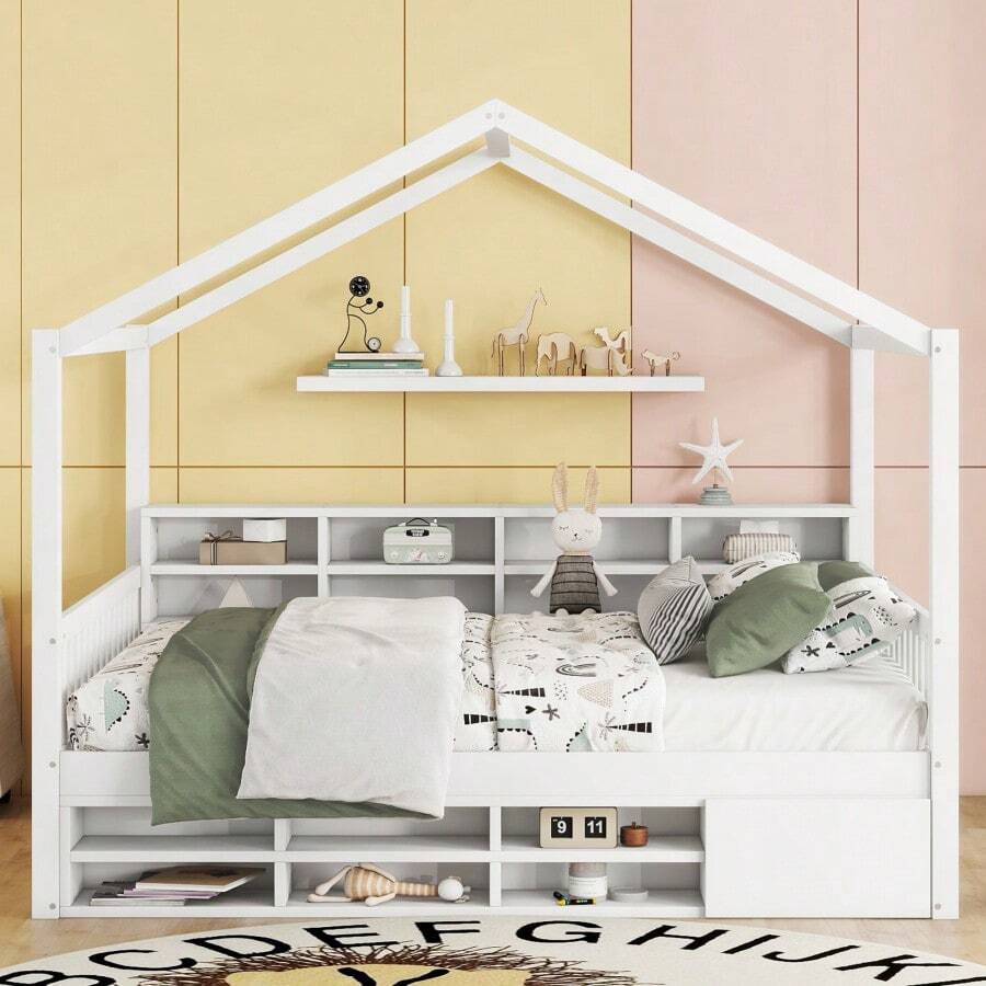 Full Size Wooden House Bed With Shelves And A White