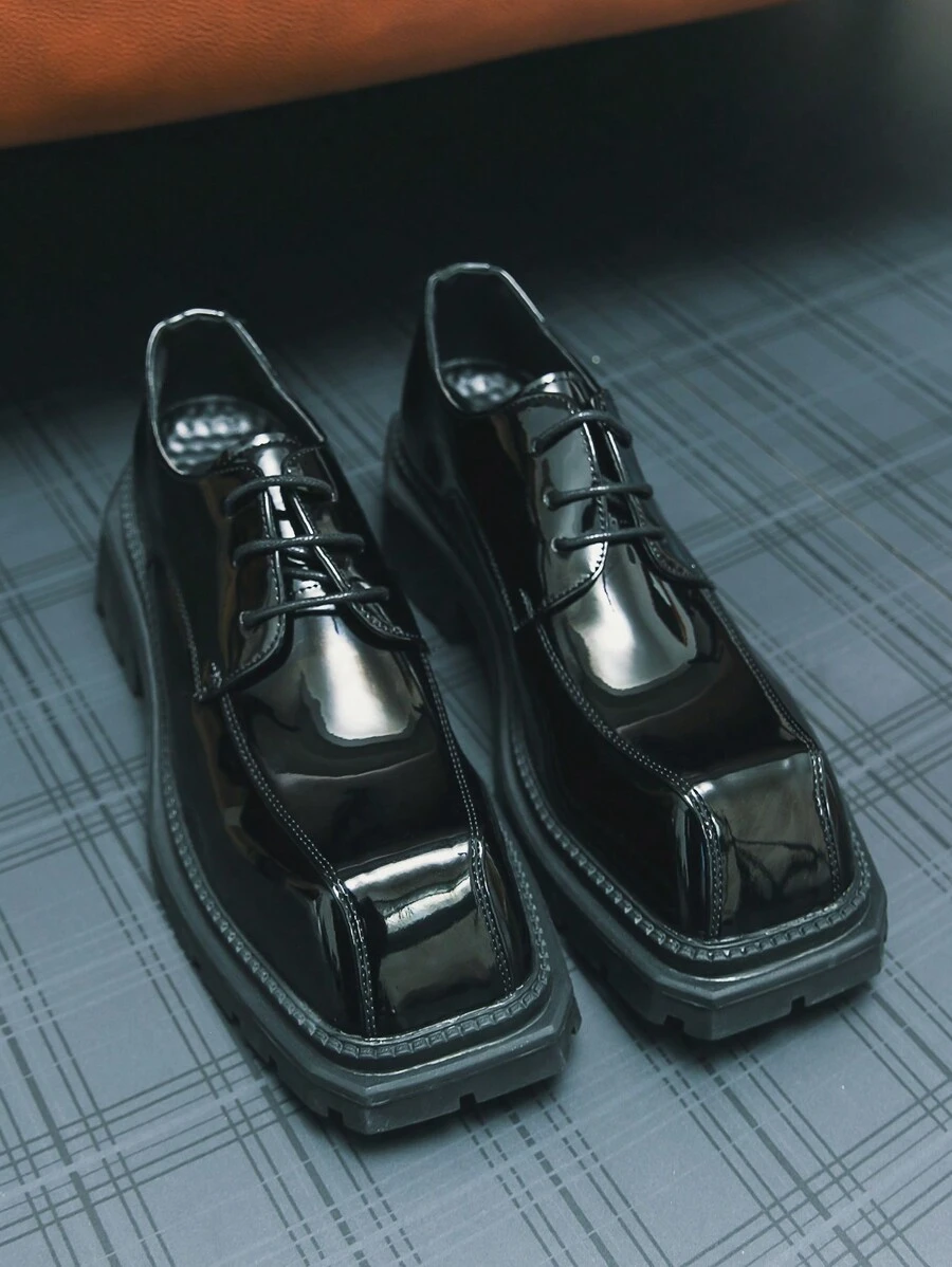 Men's Lace Up Derby Shoes With Thick Soles Square-Toe - Black - View 1