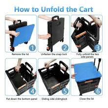 Foldable Utility Cart Folding Portable Rolling Crate Handcart With Durable Heavy Duty Plastic Telescoping Handle Collapsible 4 Rotate Wheels For Grocery, Shopping, Office, Storage, Camping, Hiking