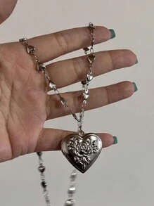 Collar con colgante de imitación de perla blanca en estilo Y2K, con dije de corazón grande y patrón de flor, collar gargantilla para mujeres y niñas. Regalo para el Día de San Valentín, mamá, madre, Día de la Madre.