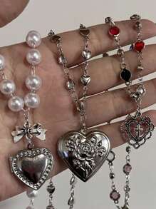 Collar con colgante de imitación de perla blanca en estilo Y2K, con dije de corazón grande y patrón de flor, collar gargantilla para mujeres y niñas. Regalo para el Día de San Valentín, mamá, madre, Día de la Madre.