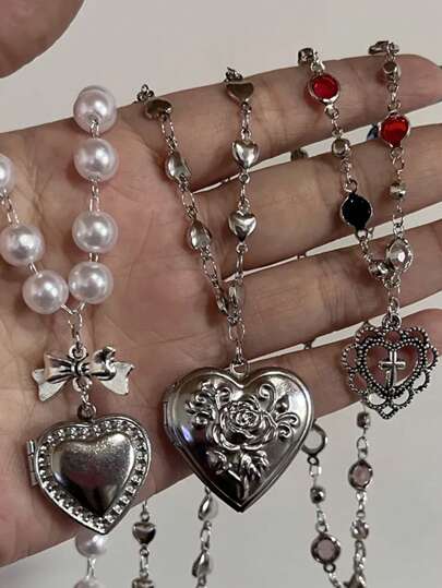 Y2K weißes Imitat-Perlenkette, großer Herzanhänger mit Blumenmuster Medaillon-Anhänger Choker Damenkette Schmuck, Geschenk für Mädchen, Valentinstag, Mutter, Muttertag