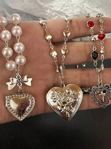 Collar con colgante de imitación de perla blanca en estilo Y2K, con dije de corazón grande y patrón de flor, collar gargantilla para mujeres y niñas. Regalo para el Día de San Valentín, mamá, madre, Día de la Madre.
