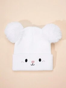 1pc White Color Y2k Style Knitted Hat With Pom Pom & Bear Ear Design, Ideal For Outdoor Sports And Daily, Warm Winter Beanie For Baby Boys And Girls - White - View 1