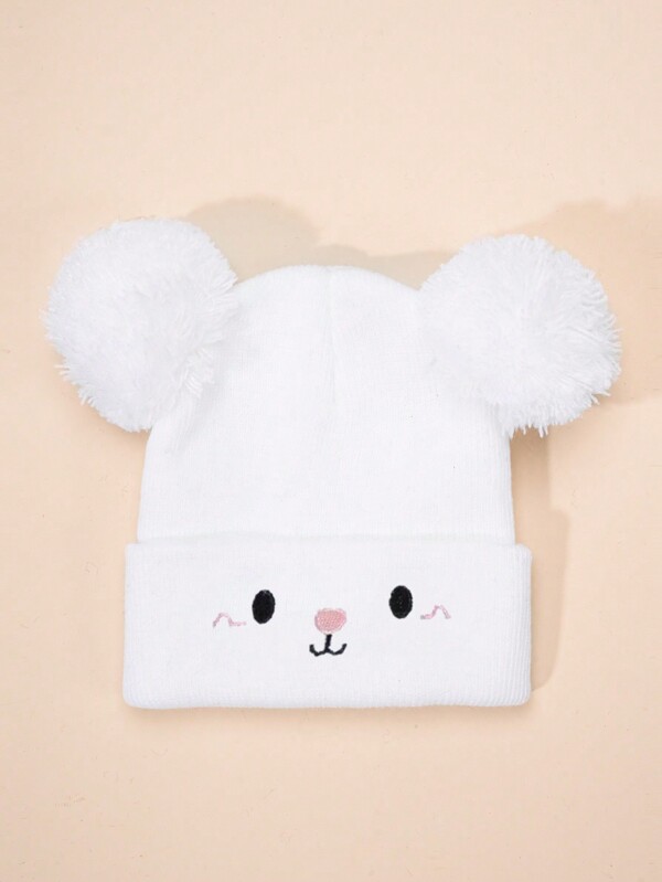 1pc White Color Y2k Style Knitted Hat With Pom Pom & Bear Ear Design, Ideal For Outdoor Sports And Daily, Warm Winter Beanie For Baby Boys And Girls