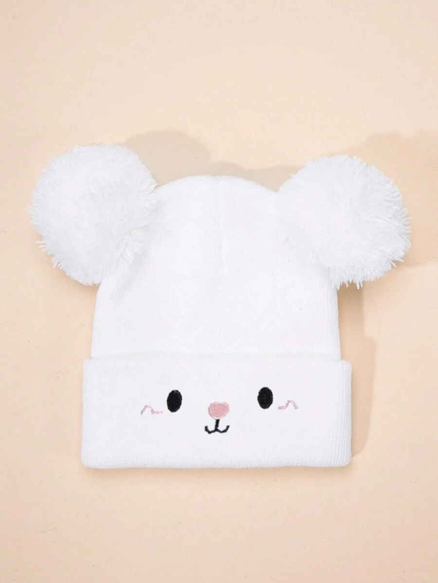 1pc White Color Y2k Style Knitted Hat With Pom Pom & Bear Ear Design, Ideal For Outdoor Sports And Daily, Warm Winter Beanie For Baby Boys And Girls - White - View 1