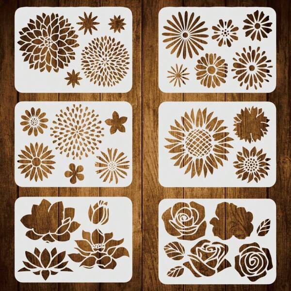 6 Pieces Flower Template 29.7 X 21 Cm (Approx. 11.7*8.27 Inches) Plastic Lotus Sunflower Rose Painting Template, Daisy Chrysanthemum Pattern Template For Painting On Wood, Floor, Wall And Tile