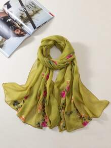 1pc Women's Embroidered Tree Branch Floral Soft & Lightweight Linen Shawl, Versatile Bohemian Style Scarf For Traveling & Vacation - Multicolor - View 3