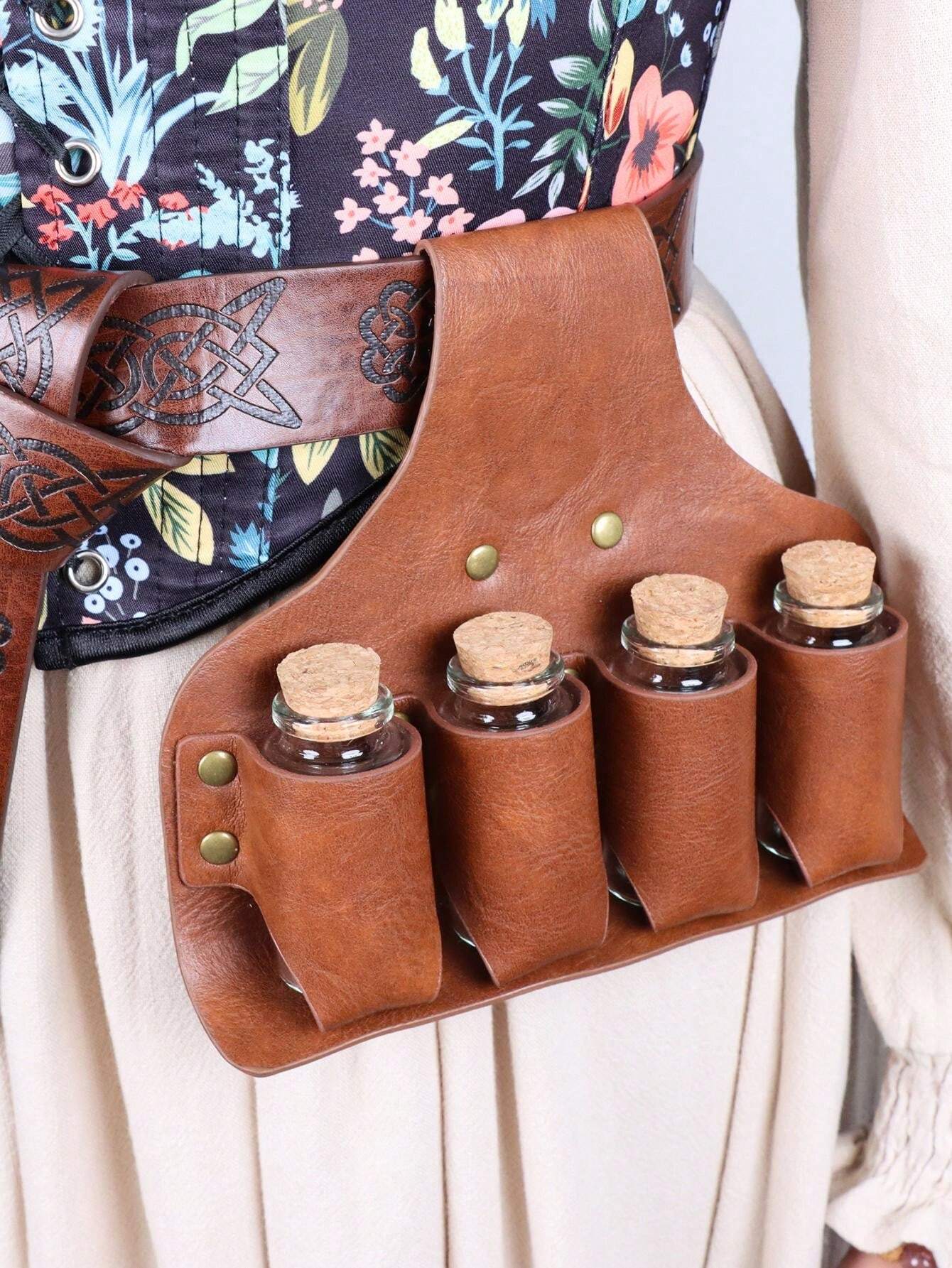 Women's Belts Medieval Viking Belts Glass Bottles Faux Leather Embossed