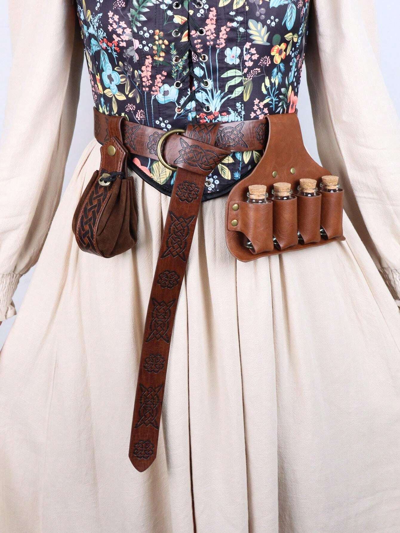 Women's Belts Medieval Viking Belts Glass Bottles Faux Leather Embossed