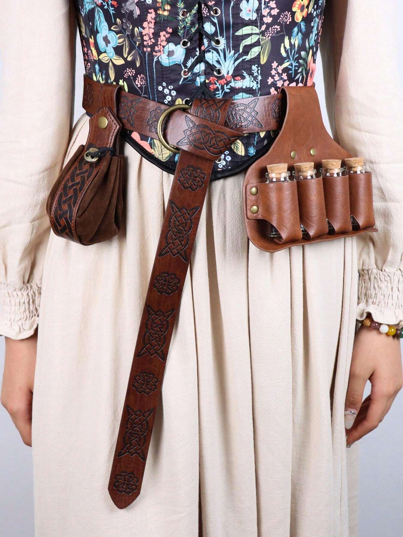 Women's Belts Medieval Viking Belts Glass Bottles Faux Leather Embossed